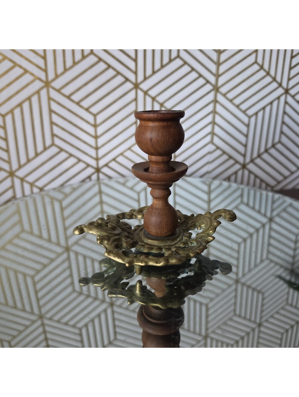 Vintage Ornate Brass & Turned Wood Candlestick Holder French Rococo Style